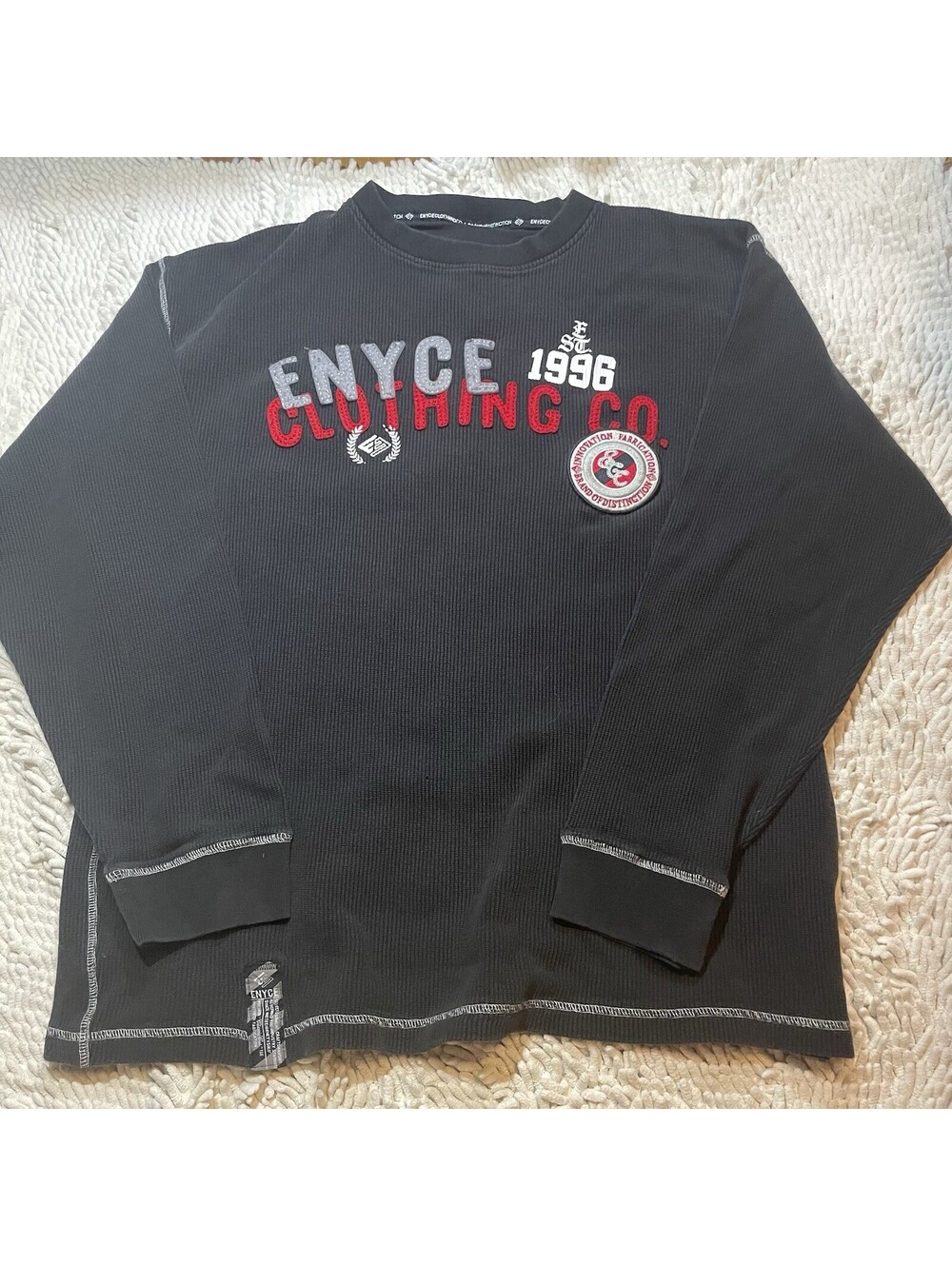 Y2K Enyce Waffle Knit Graphic Long Sleeve Shirt Mens Large Embroidered *READ)